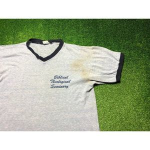 Vintage 80s Champion Biblical Theological Seminary Mens Tee Large Blue USA
